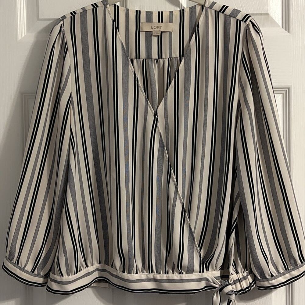 Loft‎ Navy and White Stripe Faux Wrap Blouse Top 3/4 Sleeves Size Medium